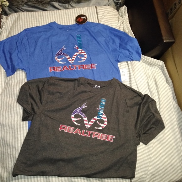 REALTREE Heather Blue/Gray Graphic T-Shirts with Deer Antler American Flag - Picture 1 of 6